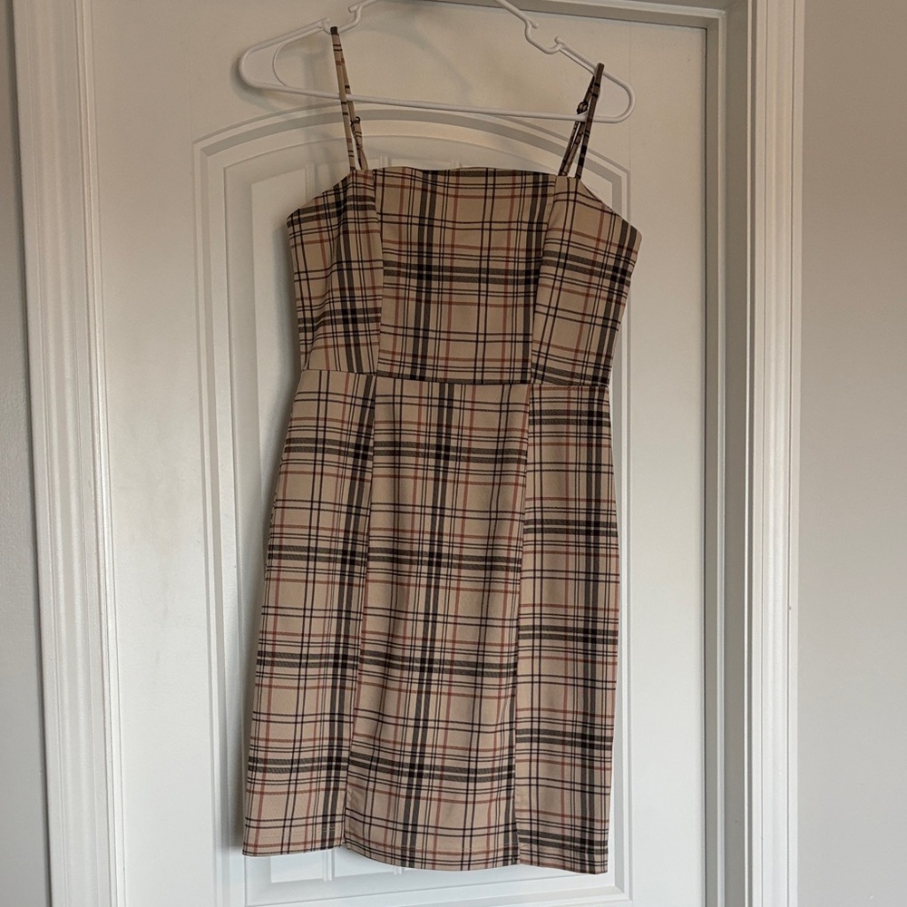 Altar'd State Strapless Plaid Dress - Tan and Black